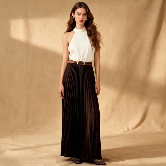 Women 2025 Autumn Halter Patchwork Vintage Backless Sleeveless Midi Dress