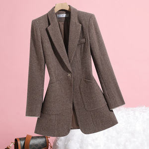Women's Dark Gray Herringbone Blazer Mid-Length Single Button Wool Blend Casual Office Wear - Product Image 2