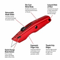 Couteau utilitaire premium WORKPRO, rétractable, tout métal, robuste, coupe-boîte, lame à changement rapide, couteau à lame, 2 lames supplémentaires, 6.3