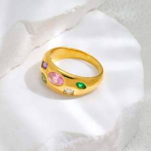 Anillo Vintage de Acero Inoxidable Chapado en Oro de 18K con Circonita Multicolor, Elegante para Uso Diario y Fiestas - Product Image 4