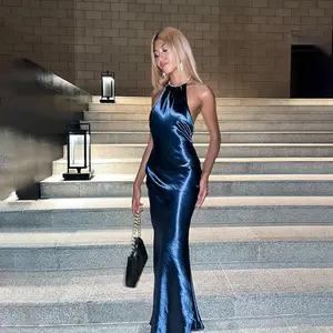 All'ingrosso fornitore personalizzato Glitter blu senza maniche donna svasata svasata da sera elegante elegante abito da donna senza schienale