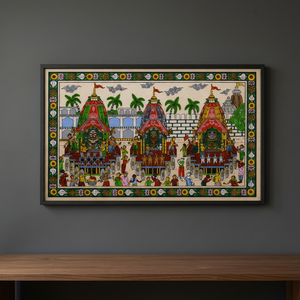 Peinture traditionnelle artisanale Pattachitra sur bois rectangulaire, représentant le défilé de Jagannath, pour la décoration intérieure du salon. - Product Image 1