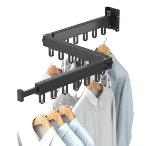 Rack de secagem dobrável e extensível em liga de alumínio, cabideiro, cabideiro com ganchos, cabideiro dobrável montado na parede