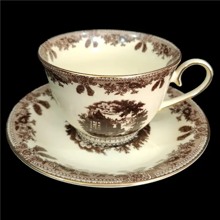 Qian Hu Classic Rusland Stijl Keramische Koffie & Amp Thee Kop En Schotel Set Bone China Goud Velg Van 6 pack