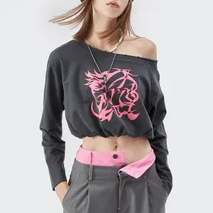 充气女孩韩国时尚热夏季斜肩t恤上衣y2k长袖t恤