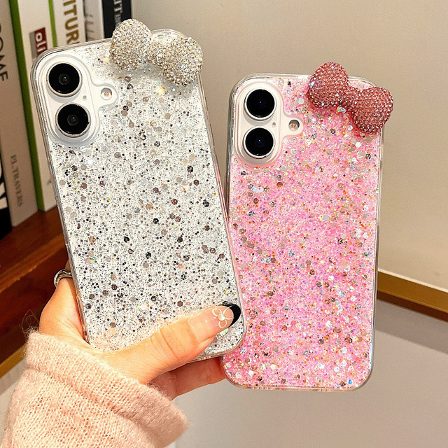 Bowknot Glitter Bling Epoxy Resin Phone Case for iPhone 16 17 Pro Max TPU+PC Girls' Fashion Ins Style Cover for iPhone 15 14 17