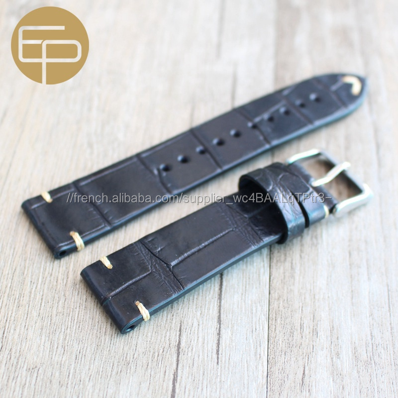 12 14 16 18 20 22 24mm Crocodile d'alligator plat en cuir de veau véritable bande de montre à la main renforcer couture