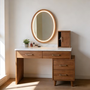Coiffeuse moderne en noyer avec panneau en aluminium, 6 tiroirs pour rangement domestique, meuble de projet en bois - Product Image 2