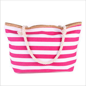 Sac fourre-tout en toile rayée bleu et blanc, taille moyenne, avec poignées en corde, idéal pour la plage et l'usage quotidien - Product Image 3