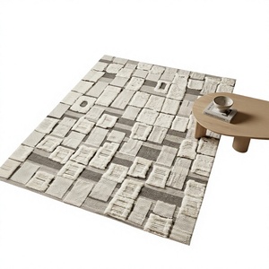 Tapis épais moderne texturé de luxe fait main en laine nouée à la main, à poils coupés, avec envers en latex, design abstrait, neutre, pour salon - Product Image 4