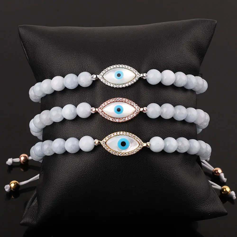 New Design CZ Shell Evil Eye Charm Aquamarine Jade Beaded Bracelet Adjustable JBS12583