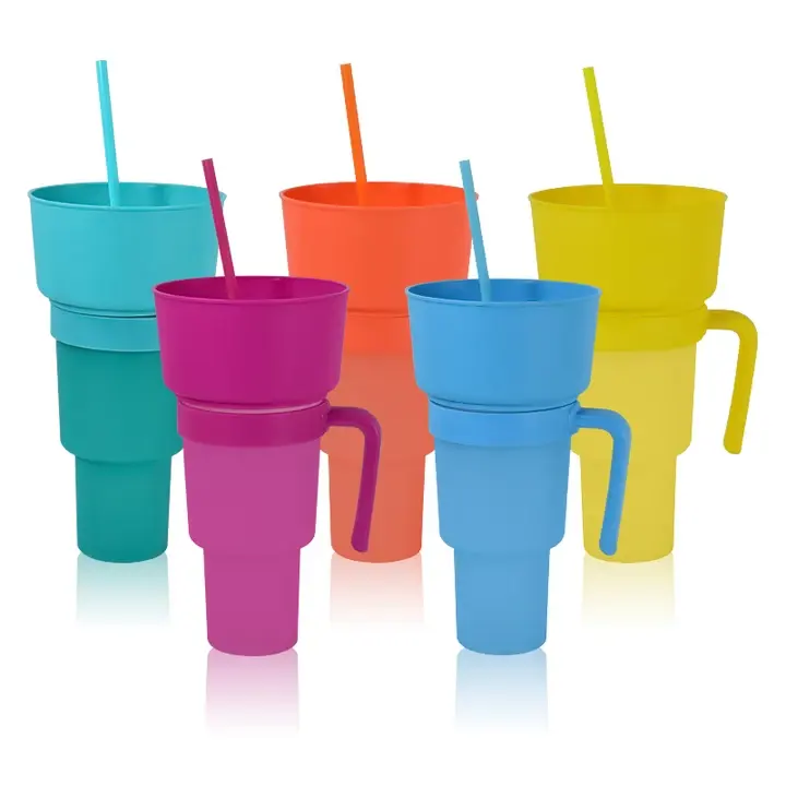 Taza de aperitivos y bebidas 2 en 1 de plástico colorido personalizado de 32oz de plástico de calidad alimentaria de alta calidad con logotipo personalizado