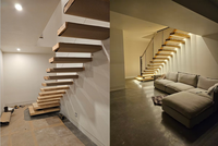 Escalier droit flottant moderne personnalisable pour intérieur, à marches ouvertes, gain de place, mural, en métal, avec finition de rampe en verre
