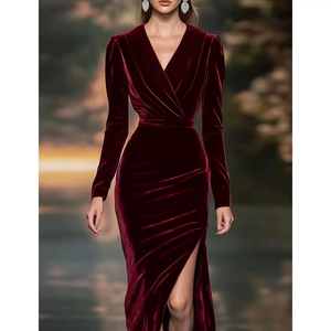 2025春季系列优雅勃艮第宴会礼服高清v领天鹅绒修身长马克西女裙舞会蕾丝 - Product Image 1