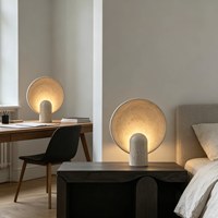 Lampe de table en travertin jaune, lampe de chevet en pierre Wabi Sabi, lampe d'appoint vintage de style mid-century pour chambre et salon