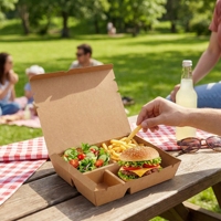 Caja de Almuerzo Desechable de Papel Kraft con Compartimentos, Contenedor de Alimentos a Prueba de Fugas, Caja para Comida para Llevar, Embalaje con Logotipo Personalizado de Grado Alimenticio