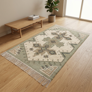Vintage Handmade <b>Wool</b>/Jute Patchwork Area Rug Turkish Style <b>Brown</b> Bordered Rectangle for Dining Room Home - Product Image 4