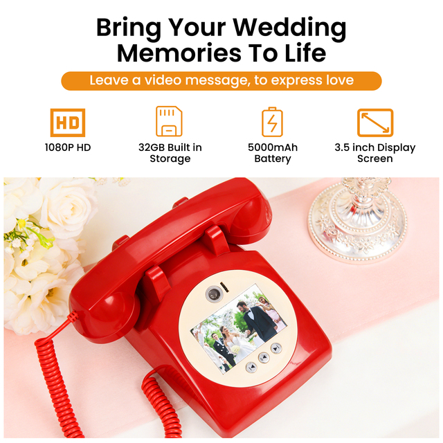 Red Video Guest Book Antique Telephone Design Wireless Voice Message Recorder Eco-Friendly AA Battery USB Charging