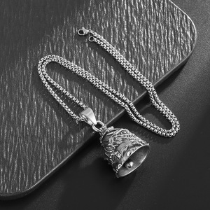 Vintage Gold Plated <b>Titanium</b> Steel Bell Pendant Necklace Unisex Fashion Jewelry Two Tone Design Dragon Motif Lucky Exorcism - Product Image 4