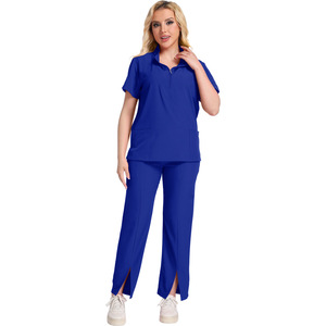 Women Hospital Uniform Set Blue Short Sleeve Zip <b>Top</b> And Pant Moisture Wicking Workwear For Medical Use - Product Image 4