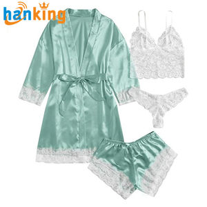 Conjunto de pijama de satén sólido con ribete de encaje de 4 piezas, bata corta de manga larga con cuello en V, Top, pantalones cortos de salón, ropa de dormir y ropa de dormir para mujer - Product Image 3