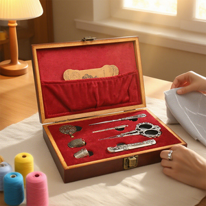 Kit de Costura de Lujo, Caja de Madera con Estampado Dorado, Tijeras de Bordado Vintage, Dedal, Regalo para Artesanos - Product Image 4