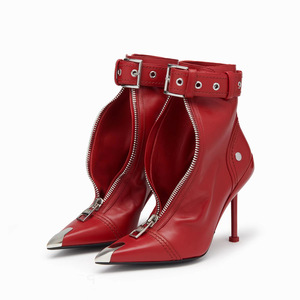 Stivaletti da Donna alla Moda <span class=keywords><strong>con</strong></span> Tacco Alto, Punta Affusolata, in Pelle Rossa e Nera, <span class=keywords><strong>con</strong></span> <span class=keywords><strong>Cerniera</strong></span> Frontale - Product Image 3