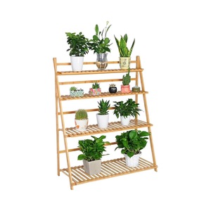 Modern 4-layer natural bamboo lacquer finish plant stand, foldable <b>ladder</b>, living room flower stand display rack - Product Image 1