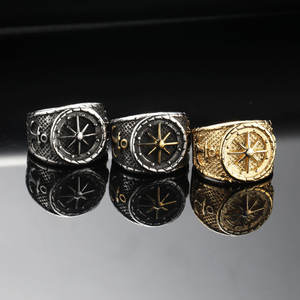 Bagues pour hommes style punk tendance, motif ancre et <span class=keywords><strong>camée</strong></span>, en acier inoxydable plaqué or et argent, avec motif étoile à huit branches en relief - Product Image 2