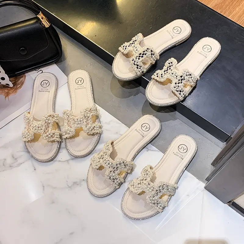 2022 New Spring And Summer Ladies Fashion Slippers Soft Bottom All match Pearl One-word Sandals Ins Trendy Women's Slippers