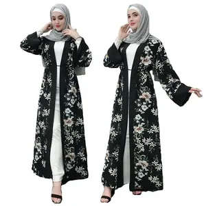 Robe longue fleurie noire à imprimé floral pour femmes, musulmane, devant ouvert, cardigan, abaya, vente en gros,