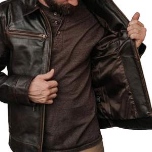 Blouson de moto en cuir pour homme, col chemise, style vieilli, fermeture éclair, style Cafe Racer, épaisseur standard, manches classiques - Product Image 5