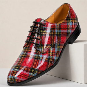 Zapatos Oxford de cuero genuino con diseño tartán rojo, con cordones, punta redonda, suela de goma, para hombre, para oficina, bodas, fiestas, eventos formales y negocios. - Product Image 4