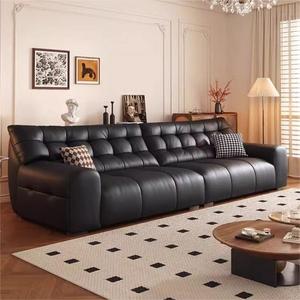 Mid Century Big Black Bear Genuine Leather <b>Sofa</b> Top Grain Cowhide Living Room Italian Minimalist Retro Straight Leather <b>Sofa</b> - Product Image 3