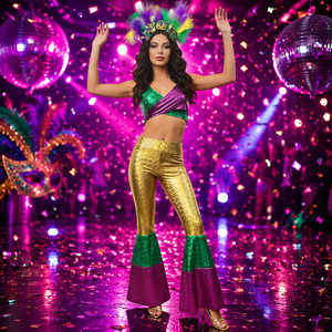 Costume de carnaval <span class=keywords><strong>pour</strong></span> femmes en gros : haut à sequins, pantalon patte d'éléphant et coiffe à plumes <span class=keywords><strong>pour</strong></span> spectacle de danse sur scène (Mardi Gras, Halloween) - Product Image 2