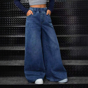 Pantalon en <span class=keywords><strong>jean</strong></span> décontracté chic pour adolescentes, taille haute élastique, coupe ample et large, poches latérales classiques, confortable, polyvalent, style streetwear, personnalisable - Product Image 3