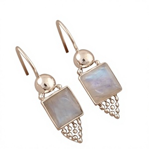 Boucles d'oreilles pendantes géométriques en argent 925 avec pierre naturelle sertie clos, style bohème, bijoux pour femme au quotidien - Product Image 1