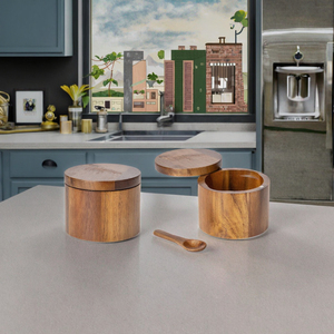 Boîte à sel en bois d'acacia écologique, boîte à épices de cuisine avec couvercle rotatif, récipient de stockage pour assaisonnements et poivre, outils à épices, compatible lave-vaisselle - Product Image 3