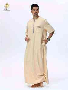 Robe de prière en coton beige pour homme Al Haramain, col rond, manches courtes, longueur au sol, pour l'Aïd - Product Image 5