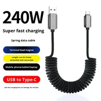 Câble enroulé double USB-C 240W 6A à charge rapide, 1,5m, avec rangement magnétique, tressé en nylon, rétractable et élastique pour téléphones portables et voiture