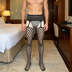 Collants résille mi-haute pour hommes en nylon élastique et spandex avec entrejambe ouvert, sous-vêtements sexy - Product Image 4
