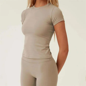 Design classico aderente Slim <span class=keywords><strong>Com</strong></span> O collo essenziale manica corta elasticizzata cotone tinta unita t Shirt da donna - Product Image 3