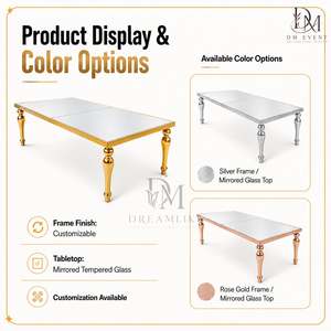 Table de banquet rectangulaire haut de gamme en acier inoxydable avec plateau miroir et pieds tournés pour l'approvisionnement de projets hôteliers et événementiels - Product Image 2