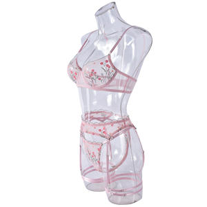 Mehrfarbige Stickerei Kreuzmuster Brust-Netzstoff Hochwertige Sexy Komfortable Dessous-Set für Damen - Product Image 6