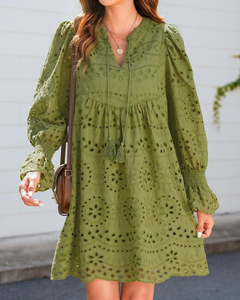 Vestido Corto Holgado Informal de Manga Larga con Encaje Calado y Cuello en V <span class=keywords><strong>para</strong></span> Mujer, Color Sólido, <span class=keywords><strong>para</strong></span> Primavera y Verano - Product Image 1