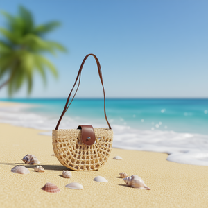 Piccola borsa semicircolare in paglia con patta in PU 26x17 cm per donna, uso estivo in spiaggia - Product Image 2