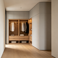 Dressing en U complet en chêne gris ciment bio avec éclairage LED pour projets personnalisés de villas bio