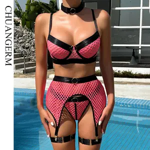 Chuangerm set di lingerie di pizzo mesh erotic fashion show lingerie womens 4 pieces sexy ladies red lingerie sets