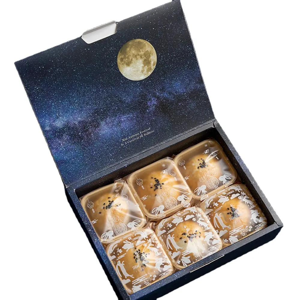 Caja de papel azul espacial mate con tapa para pastel, imagen personalizada de lujo con luna llena, cielo estrellado, medianoche, vista a la montaña