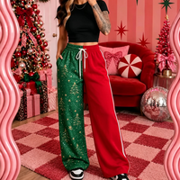 Pantalon large patchwork de Noël pour femme, taille haute, imprimé boules roses et zèbres, coupe ample, avec poches